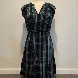LOFT Navy and Green Plaid Midi Dress